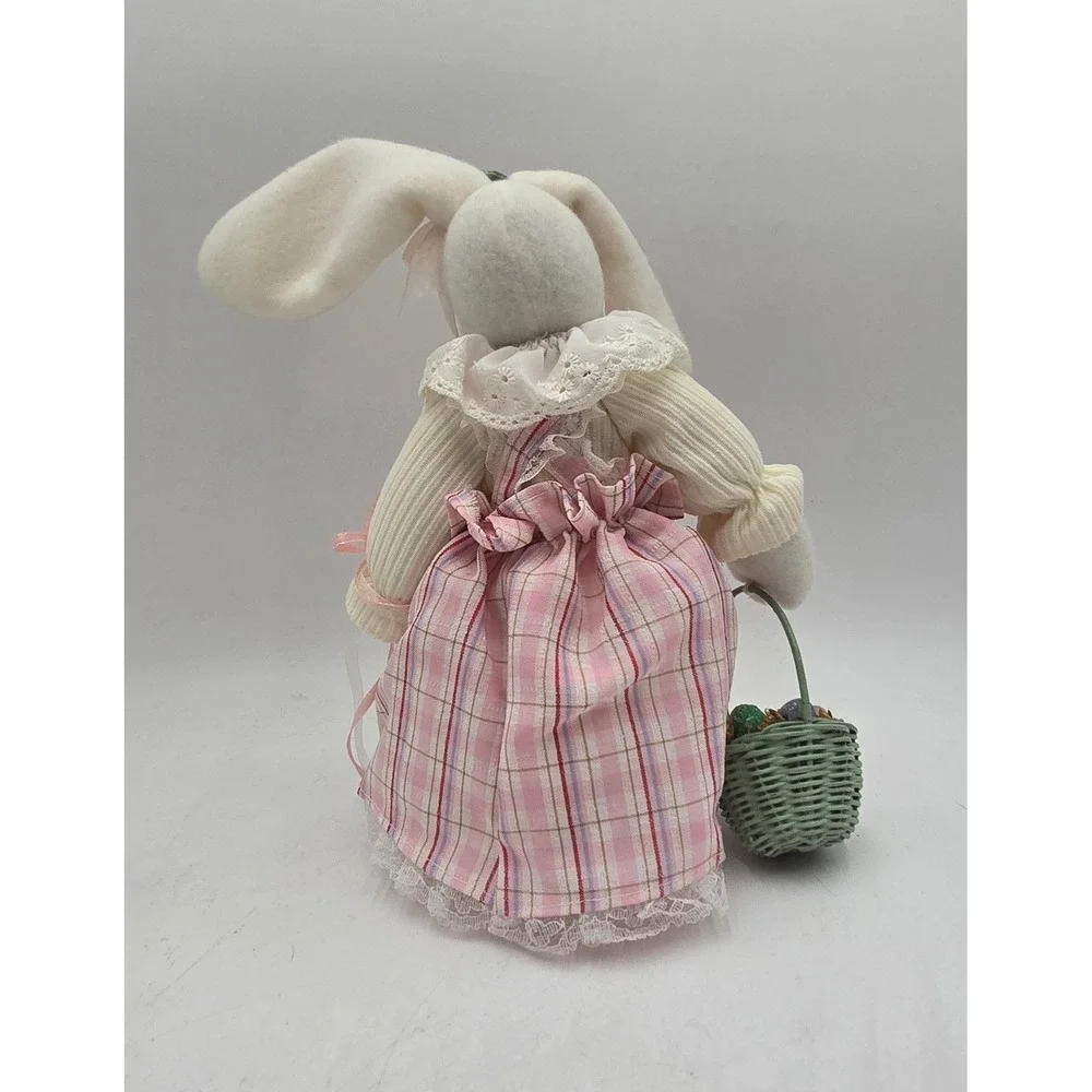 Vintage 2004 Avon Easter Bunny Plush Figurine Pink Plaid Dress Basket Decor